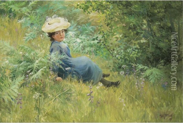 Resting In A Field Oil Painting - Frederic Henriet