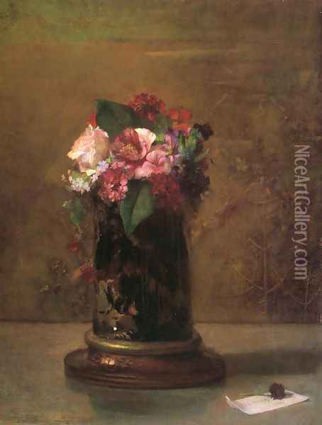 Flowers in a Japanese Vase Oil Painting - John La Farge