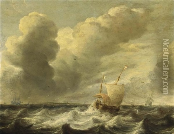 A Dutch Hoeker In Stormy Waters With Other Sailing Vessels In The Background Oil Painting - Jacob Adriaenz. Bellevois