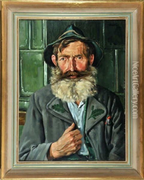 Portrait Eines Bartigen Mannes In Tracht Am Kachelofen Oil Painting - Otto Keck