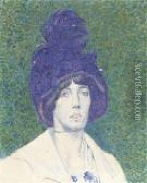 Dame Met Blauwe Hoed - Lady With Blue Hat Oil Painting - Ferdinand Hart Nibbrig