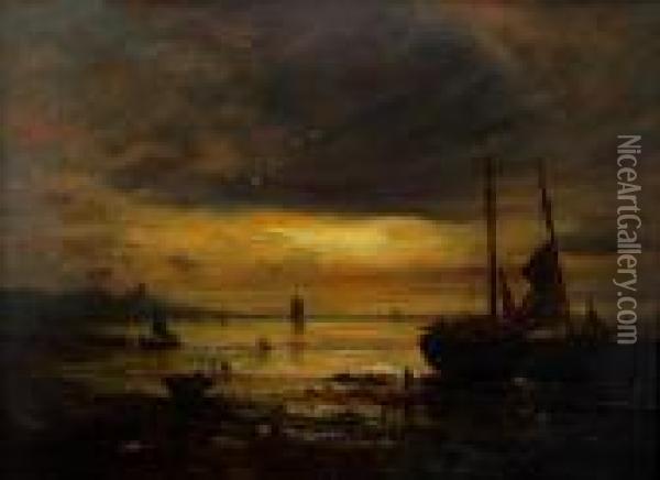 Fishing Boats At Sunset Oil Painting - Samuel Bough
