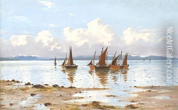 Boats In An Estuary Oil Painting - Herbert Moxon Cook