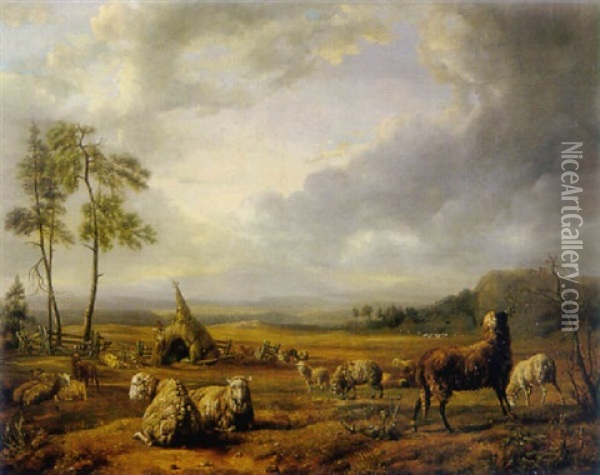 A Shepherd And His Flock Of Sheep Oil Painting - Jacques Raymond Brascassat