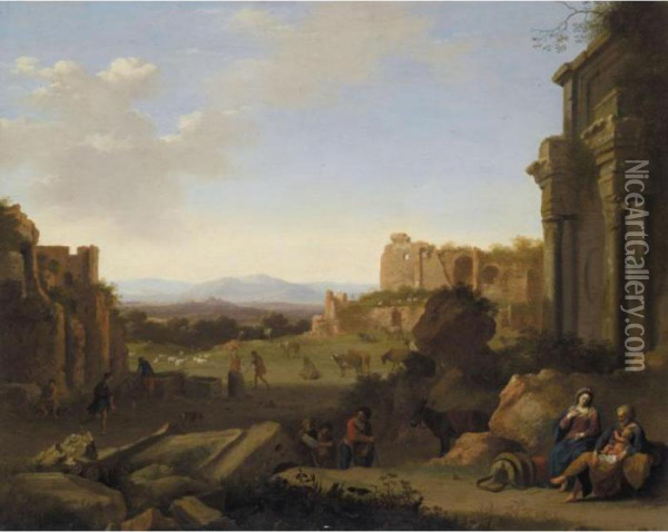 Italian Landscape With The Rest On The Flight Into Egypt Oil Painting - Cornelis Van Poelenburch