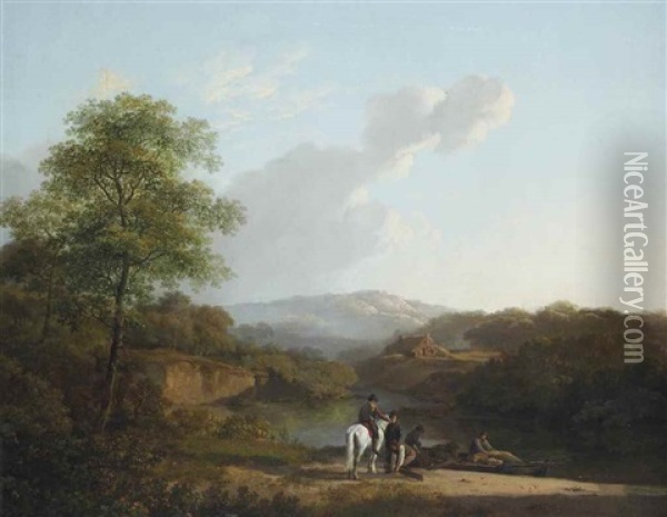 Paysage: A Horseman And Merchants Conversing Near A River Oil Painting - Barend Cornelis Koekkoek
