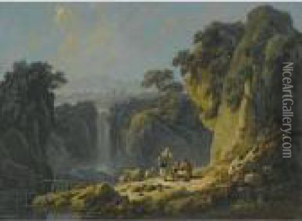 A Landscape With Peasants Resting Their Flock Beside A Waterfall Oil Painting - Jean-Baptiste Pillement