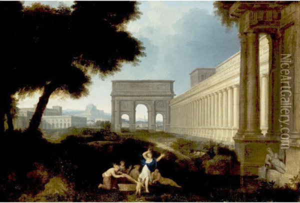 Classical Figures In An Architectural Landscape Oil Painting - Jean Lemaire