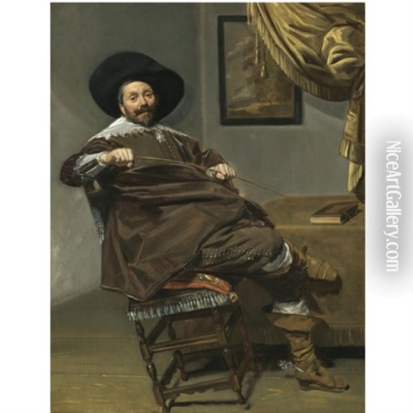 Portrait Of Willem Van Heythuysen, Seated On A Chair And Holding A Hunting Crop Oil Painting - Frans Hals