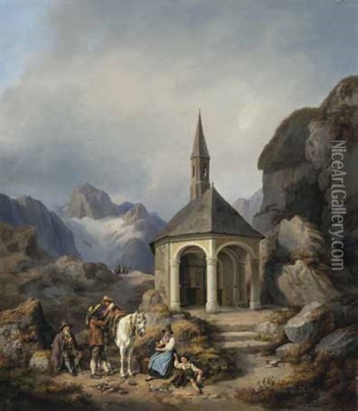 Reisende Vor Einer Kleinen Kapelle Im Gebirge Oil Painting - Johann Philipp Heinel