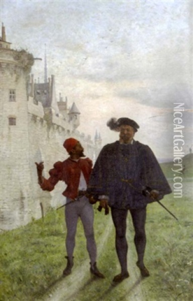 Gentilhomme Et Son Page Devant Un Chateau Oil Painting - Marie Gabriel Biessy