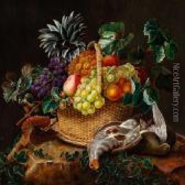 Still Life With Fruit In A Basket And Game Birds On A Stump Of Tree Oil Painting - I.L. Jensen