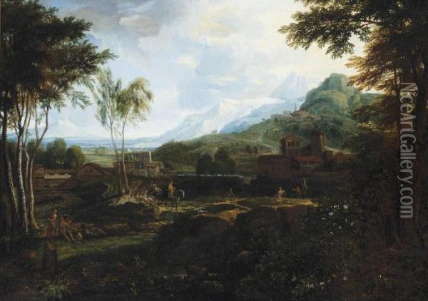 An Italianate Wooded River 
Landscape With Travellers On A Track And Figures At Rest On The Bank, 
Mountains Beyond Oil Painting - Jan Frans Van Bloemen (Orizzonte)