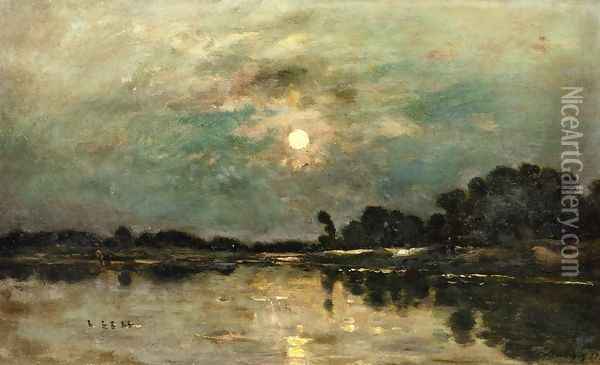 Riverbank in Moonlight Oil Painting - Charles-Francois Daubigny