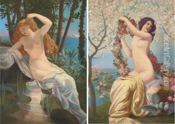 An Allegory Of Spring; And An Allegory Of Summer Oil Painting - Valere Bernard