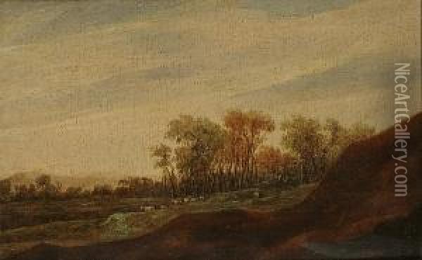 A Panoramic Landscape With Animals Grazing Before A Forest Oil Painting - Pieter Anthonisz. van Groenewegen
