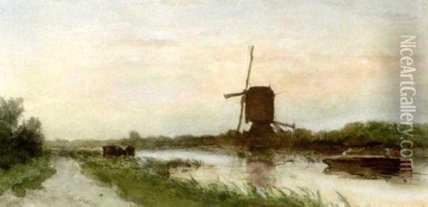 Windmill In A Polder Landscape Oil Painting - Jan Hendrik Weissenbruch