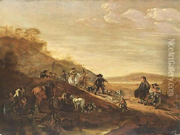 A Hilly Landscape With Sportsmen, Horses And Hounds Resting After The Hunt Oil Painting - Dirck Willemsz. Stoop