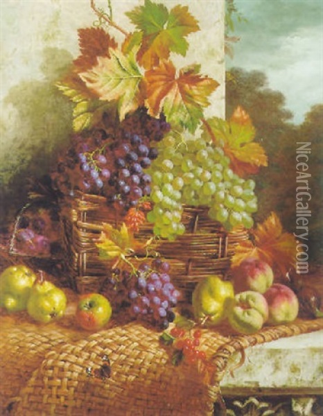 Still Life With Mixed Fruit In A Wicker Basket On A Stone Ledge Oil Painting - William Hughes
