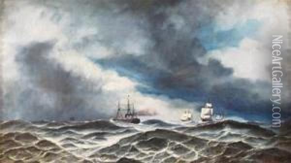 Sailing Ships In A Stormy Sea Oil Painting - David James