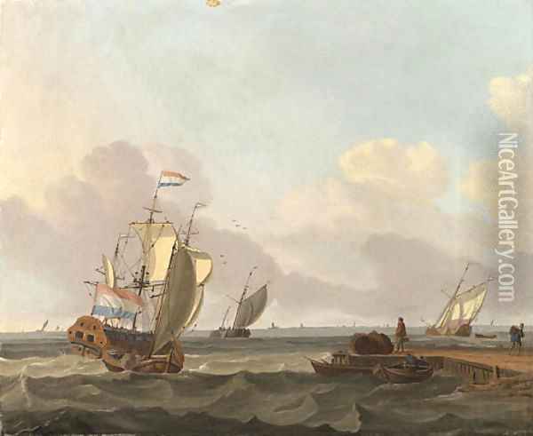 Shipping in a Choppy Sea off a Jetty Oil Painting - Jan Claes Rietschoof