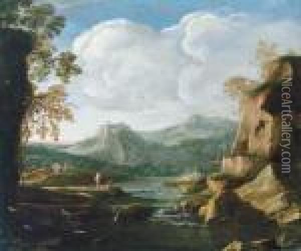 Gebirgige Flusslandschaft Mit Fischern; Paesaggio Roccioso Conpescatori Oil Painting - Salvator Rosa