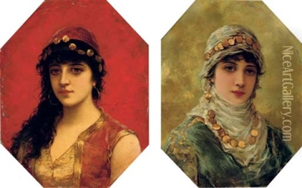 Portrait Of A Woman In A White Head Scarf (+ Portrait Of A Woman In A Red Tunic With Gold Trim; 2 Works) Oil Painting - Emile Eisman-Semenowsky