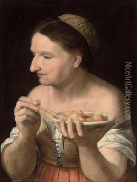 A Peasant Woman Eating Oil Painting - Agostino Carracci