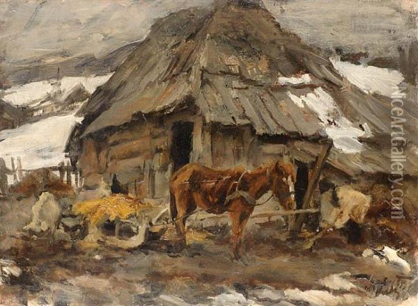 Kon Przed Chalupa W Zimowej Scenerii Oil Painting - Marcin Kitz
