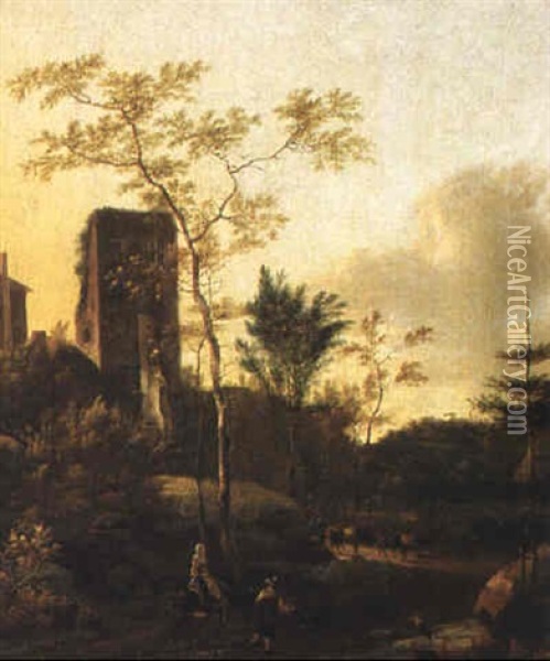 Italienskt Landskap Med Ruin Oil Painting - Adam Pynacker