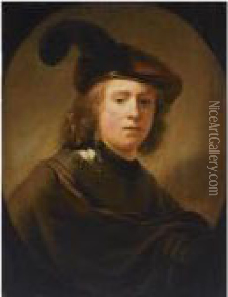 Portrait Of A Young Man, Half 
Length, Wearing A Brown Plumed Beretand A Brown Coat With A Gorget Oil Painting - Rembrandt Van Rijn