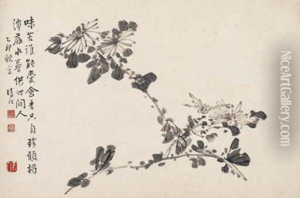 Chrysanthemums In Ink Oil Painting - Li Fangying