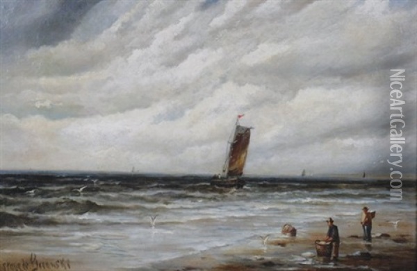 Seascape With Figures On The Shore Oil Painting - Gustave de Breanski