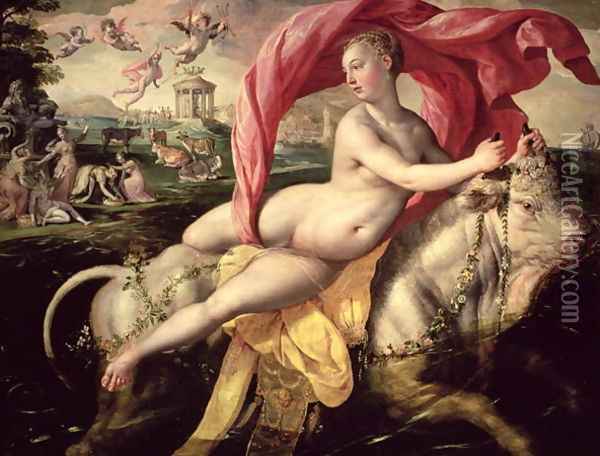 The Rape of Europa, c.1590 Oil Painting - Maarten de Vos