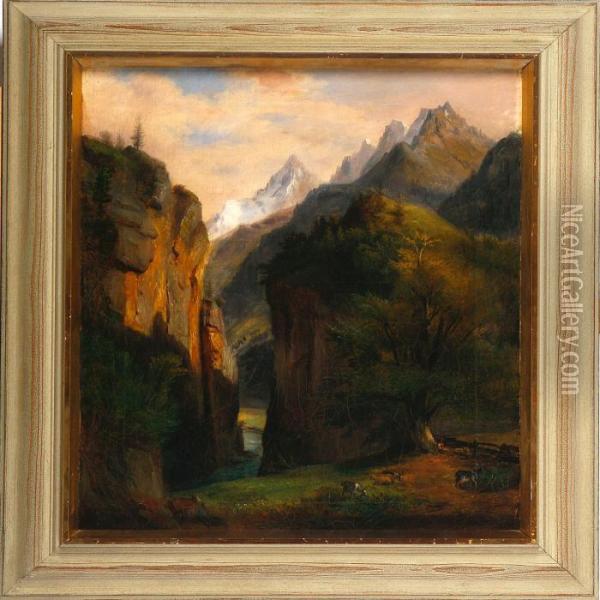 A Mountain Scenery With Goat And Shephard Oil Painting - Francois Edme Ricois