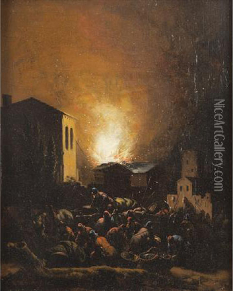 Village On Fire At Night Oil Painting - Egbert van der Poel
