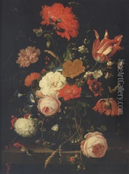 A Still Life Of Roses, Poppies, A Parrot Tulip, Convolvulus, A Carnation, Blackberries, Redcurrants, Corn, Parsley And Other Flowers In A Glass Vase On A Stone Ledge Surrounded By Insects Oil Painting - Abraham Mignon
