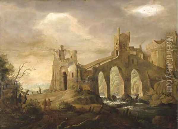 An Italianate river landscape with a bridge before a town Oil Painting - Johann Christian Vollerdt or Vollaert