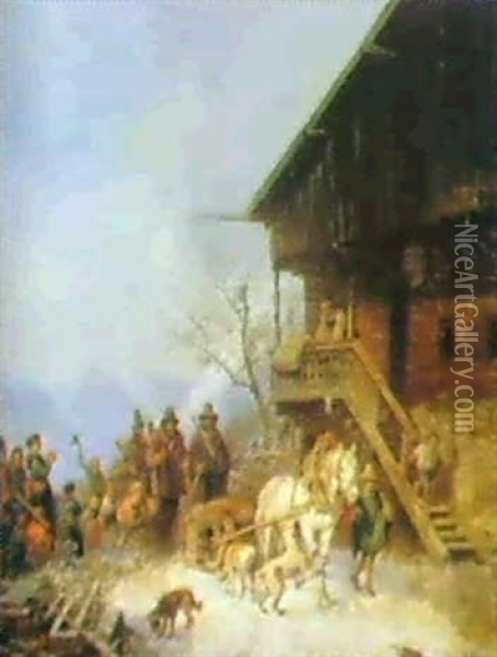 Ruckkehr Von Der Barenjagd Im Winter Oil Painting - Heinrich Buerkel