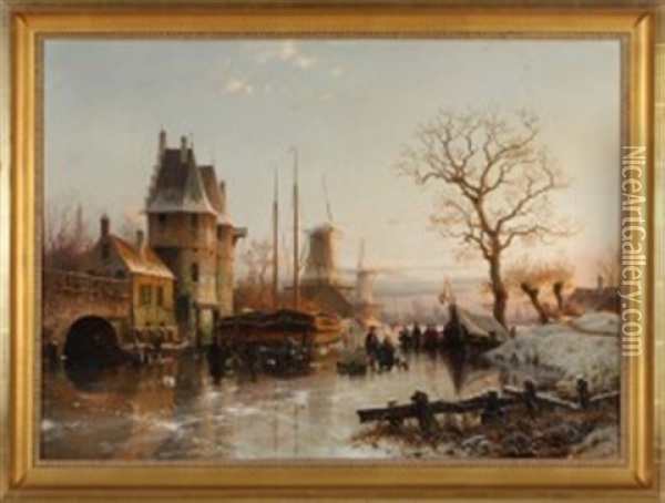 Nachmittagsstimmung Uber Belebtem Kanal Im Winter Oil Painting - Johannes Bartholomaeus Duntze