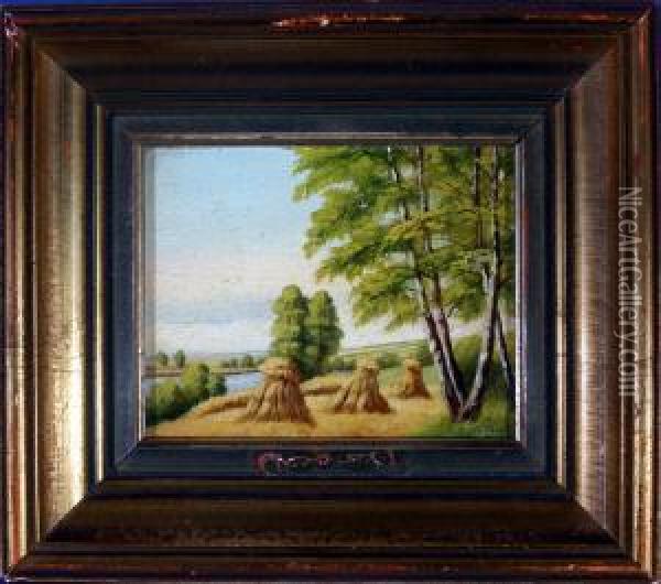 Landschaft Am See Mit Getreidehocken Oil Painting - Francis H. Schell
