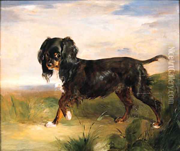 Portrait of a King Charles Spaniel in a Landscape Oil Painting - Alexander MacInnes