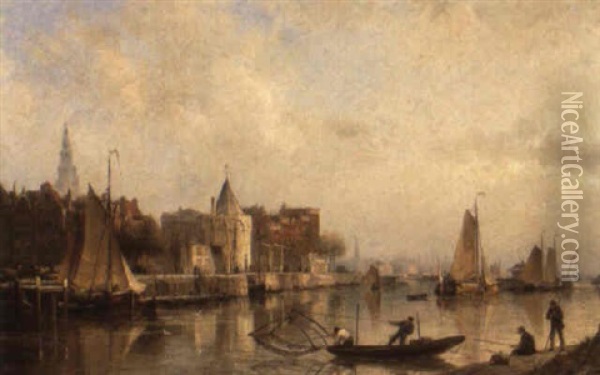 The Schreiers Tower As Seen From The East Dock Oil Painting - Cornelis Christiaan Dommelshuizen