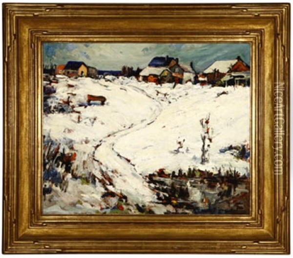 Houses In A Winter Landscape Oil Painting - Thomas Lorraine Hunt