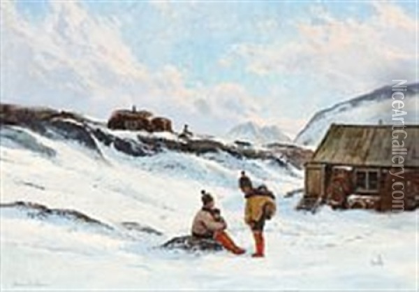 A Family Of Inuits In Front Of Their House Oil Painting - Emanuel A. Petersen