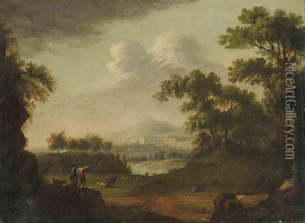 A Wooded River Landscape With A Drover And His Cattle, A Fortified Town Beyond Oil Painting - Jacob Philipp Hackert