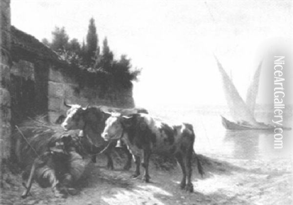 Paysage Au Bord Du Lac De Geneve, Avec Vaches Oil Painting - Charles (Jean-Ch. Ferdinand) Humbert