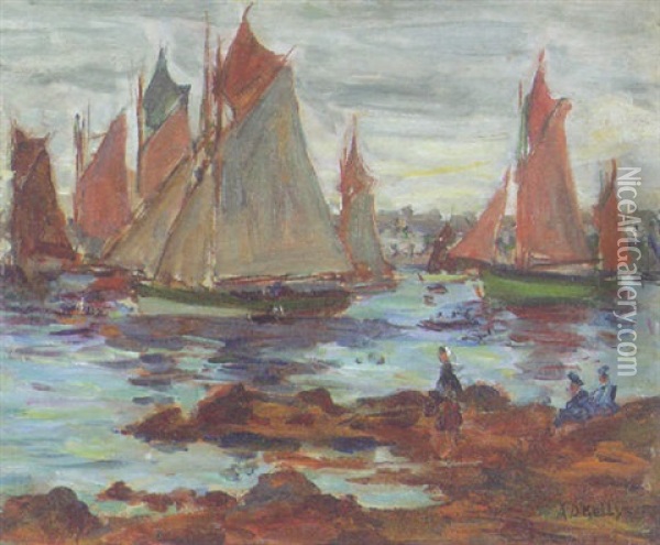 Fishing Vessels At Concarneau, Brittany Oil Painting - Aloysius C. O'Kelly