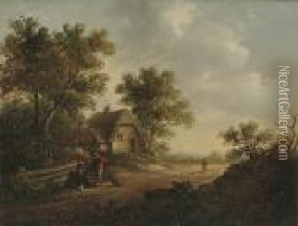 Figures On A Country Lane Oil Painting - John Moore Of Ipswich
