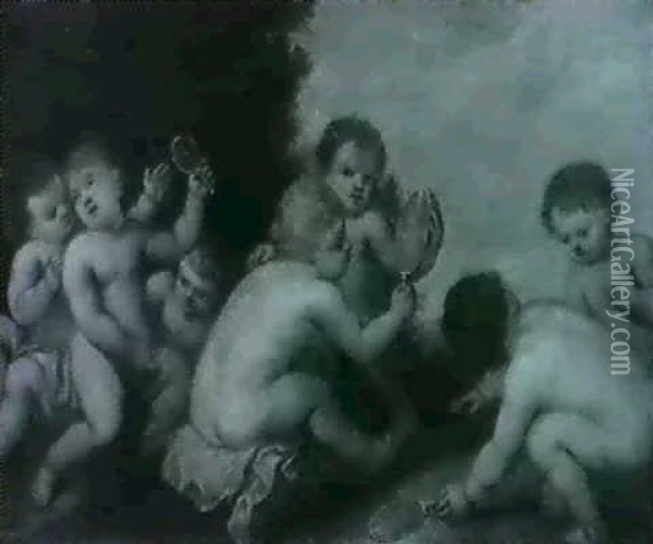 Sight: Putti With Mirrors In A Landscape Oil Painting - Francois Lemoyne